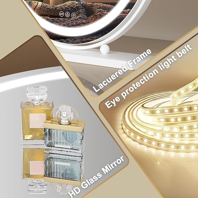 Hasipu Vanity Mirror with Lights, 23.6" LED Large Makeup Mirror, Lighted Makeup Mirror with Lights, Smart Touch Control 3 Colors Dimmable Round Mirror 360°Rotation White