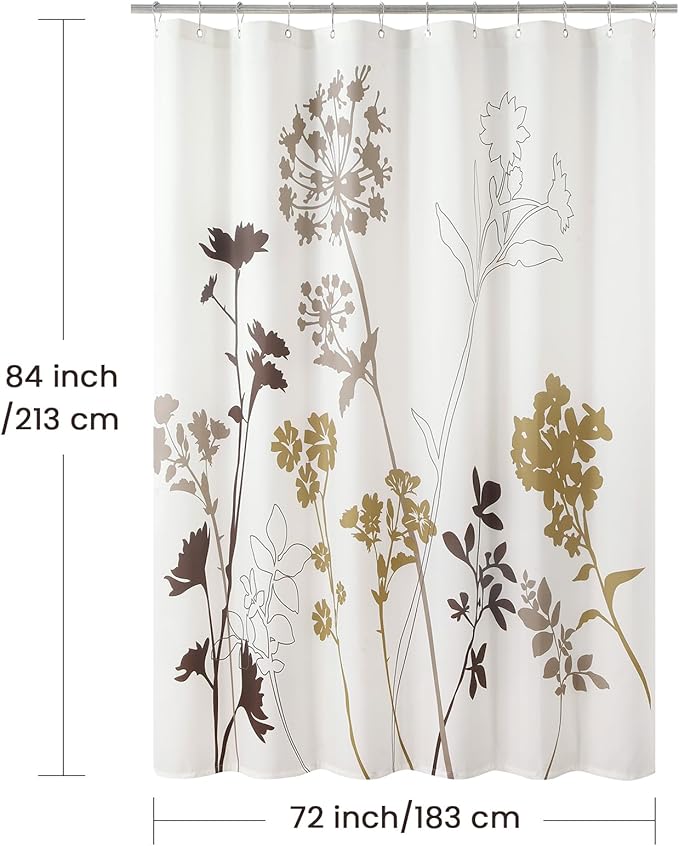 Extra Long Fabric Shower Curtain, Beige Brown Grey Floral Plant Shower Curtains for Bathroom, 72" W x 84" H