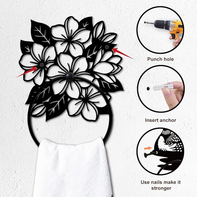 MAYJOYDIY Flower Clusters Metal Towel Ring, Frangipani Flowers Black Hand Towel Holder, Branch Leaves Hanging Ring Wall Mounted Bathroom Accessories for Bathroom Kitchen Home Decoration Gift