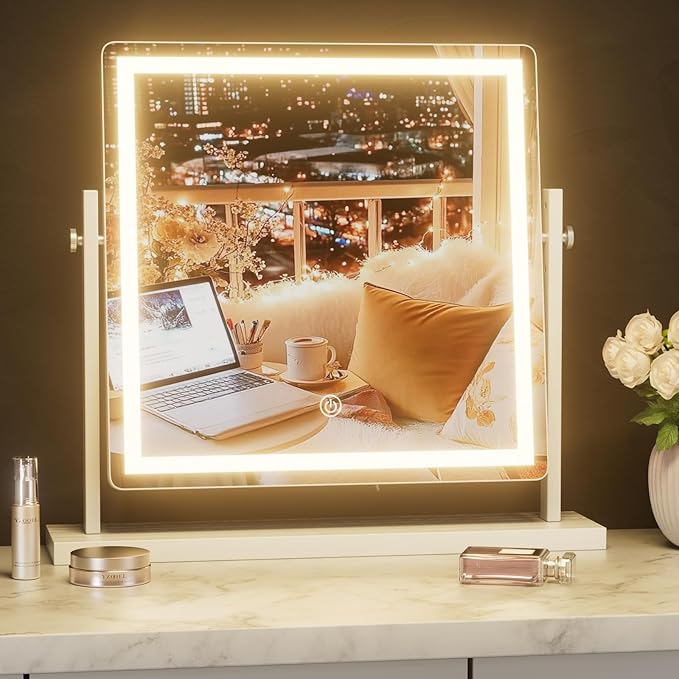 Makeup Vanity Mirror with Lights - 15.7"x15.7" LED Lighted Make Up Mirrors Adjustable Height, Touch Screen with 3-Color Lighting, Dimmable, 360° Rotation, for Dorm Desk Tabletop, Bedroom