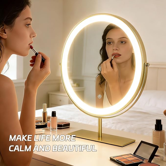 15.8-inch Round Makeup Mirror with Lights, 360° Rotating LED Three-Color Lights with Adjustable Brightness. Desktop Vanity Mirror (Gold).