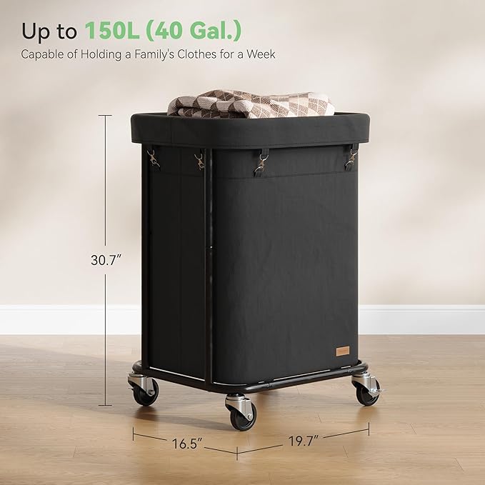 Nunsino Laundry Basket with Wheels 150L/40Gal, Rolling Laundry Hamper with Steel Fram and Removable Washing Bag,Laundry Sorter Cart for Laundry Room,Hotel,Dorm,Black