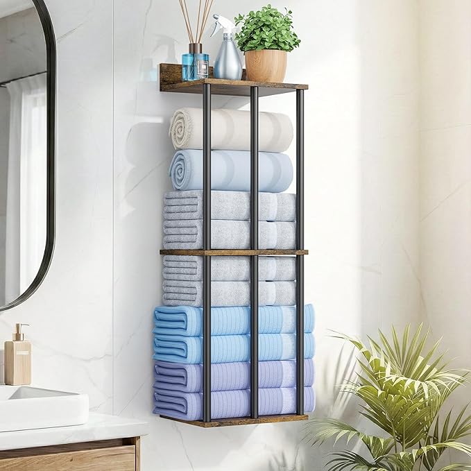 34 Inch Bathroom Towel Rack with Shelf – Modern Towel Holder for Bathroom Wall Mounted, Holds 6 Large Bath Towels, Rolled Towel Organizer for Bathroom, Laundry Room, and Small Space Storage, 3-Tier