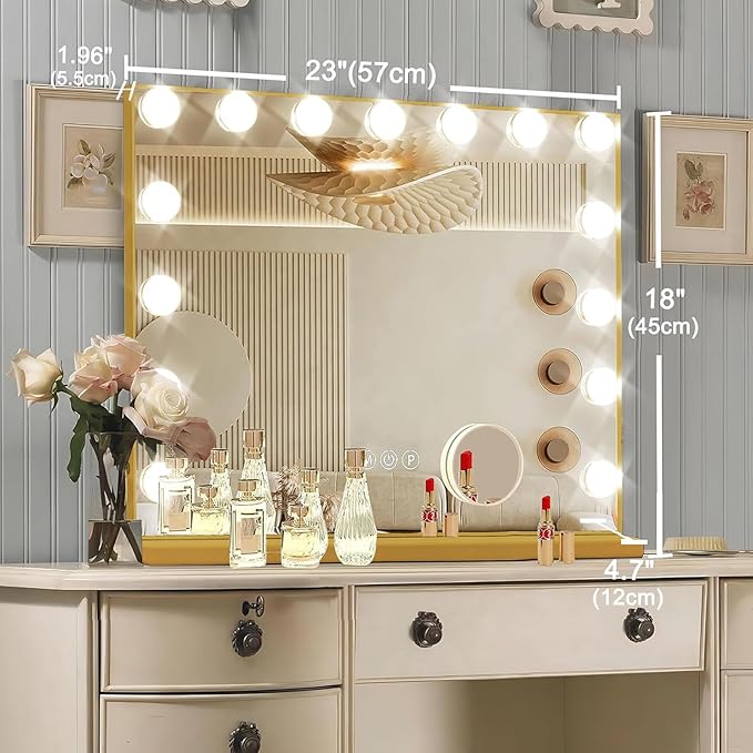 Ratsamee Gold Hollywood Vanity Mirror with Lights, 15 Dimmable Bulbs, 3 Color Lights,Make Up Lighted Mirror, Aluminum Metal Frame, USB Charging Port(23" x 18")