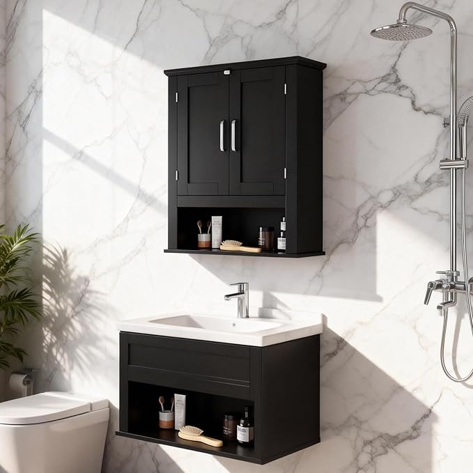 VINGLI Bathroom Wall Cabinet, Black Medicine Cabinet with Open Shelf & 2 Doors, Adjustable Hanging Storage Organizer Over Toilet, Wooden Cupboard for Kitchen Laundry Room Entryway