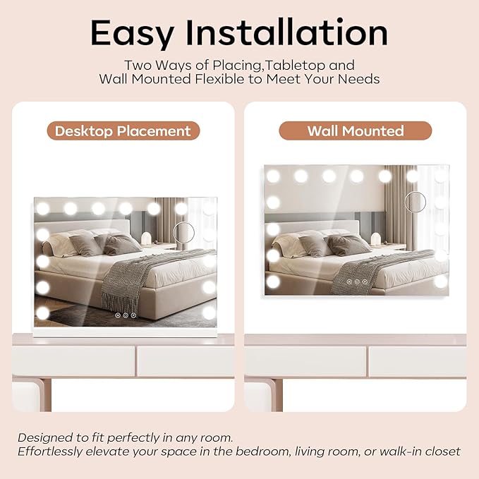 Hollywood Vanity Mirror with Lights, Lighted Makeup Mirror with 10X Magnification, 3 Color Lights, 15 Dimmable Bulbs, USB/Type-C Charging, Metal Frame, Gifts for Women, White (23" W x 18" H)