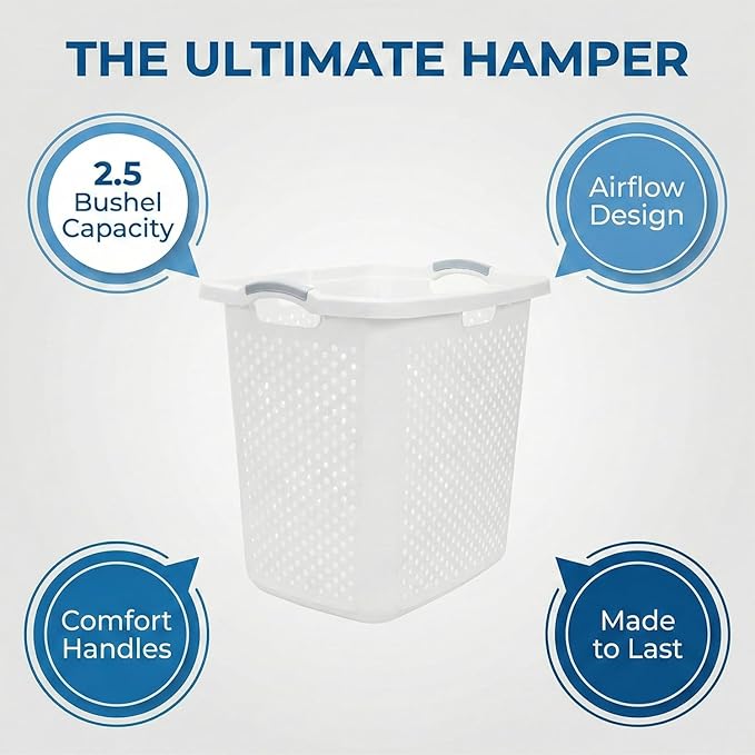 Extra Large 2.5 Bushel Plastic Laundry Hamper Basket - Tall Ventilated Clothes Bin with 4-Way Easy-Grip Handles, Heavy Duty Washing Storage for Bedroom, Bathroom, and Dorm Organization, White