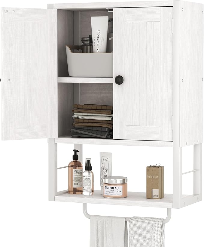 Homeiju Rustic Wall Mounted Medicine Cabinet, White Wood Storage Cabinet with Two Barn Doors, Shelf and Towel Bar for Bathroom, Living Room, Kitchen, White