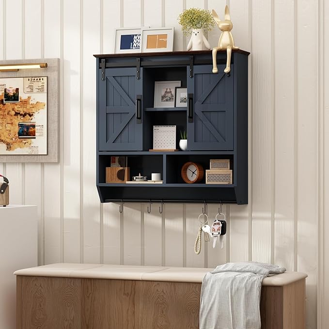 RUSTOWN Farmhouse Bathroom Wall Cabinet,3-Tier Rustic Wood Wall Mounted Cabinets,Vintage Medicine Cabinet with Sliding Barn Door and Adjustable Shelves,Over The Toilet Storage Cabinet (Navy Blue)