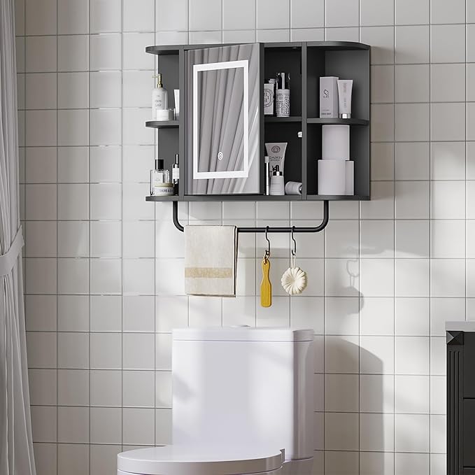 Bathroom Wall Cabinet with Mirror, Mirrored Medicine Cabinet with 3 Colors LED Light and 4 Open Shelves, Wall Mounted Over Toilet Storage Cabinets with Adjustable Shelf, 21.7"L x 6.7"W x 18.1"H, Black