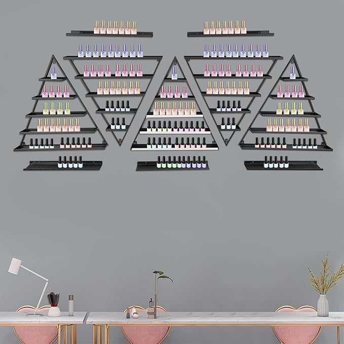 Wall-Mounted Nail Polish Rack, Set of 10 Triangular Gold Nail Polish Shelf 5-Tier Lipstick Perfume Cosmetic Display Shelf for Home Spa Nail Salon Shop