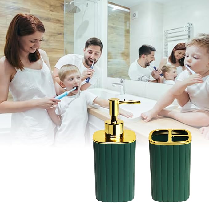 2Pack Bathroom Accessories Set, Forest Green Bathroom Set. Bathroom Toothbrush Holder Set, Includes Dispenser and Toothbrush Holder. Bohemian Bathroom Accessories