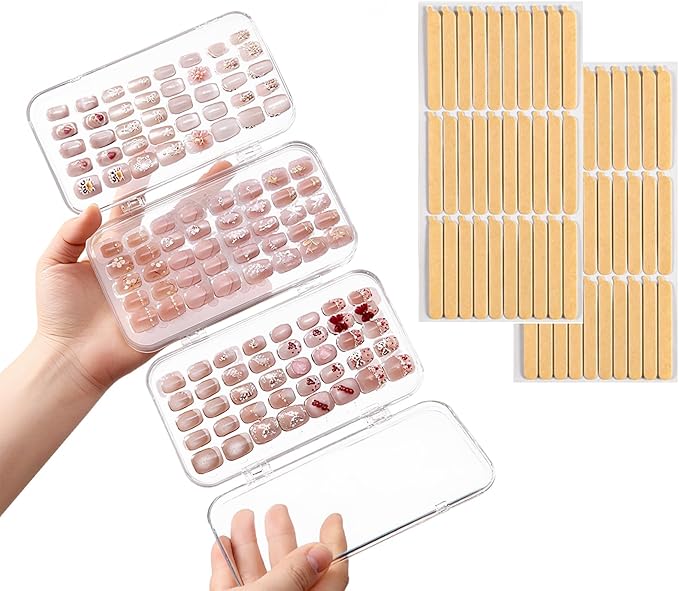 Compact Press on Nail Storage Box,Portable Tri-Fold Press on Nails Organizer Case with 60 Pcs Adhesive Double Sided Tape,Acrylic Nail Storage Box for All Size Fake Nails Home Travel Use