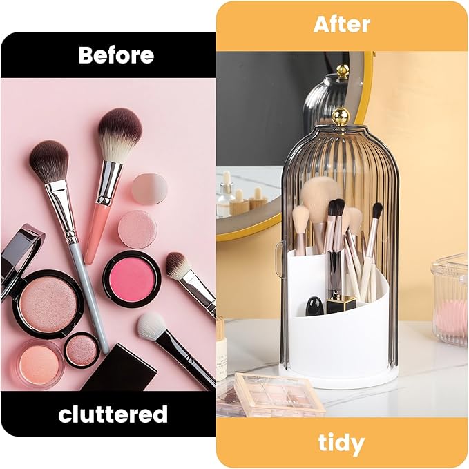 3 Tier Makeup Organizer with Clear Lid - 360° Rotating Protective Vanity Brush Holder for Bathroom Countertop Gray