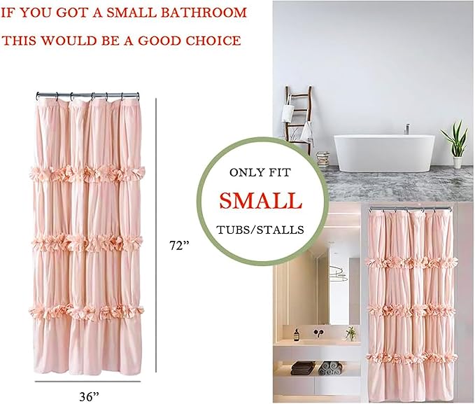 Peach Small Stall Ruffle Shower Curtain 36" W x 72" H, Vintage Handcrafted Bow Tie Bath Curtain for Master Bathroom, Ruched Polyester Bathroom Curtain with 7 Buttonholes (LQ-10)