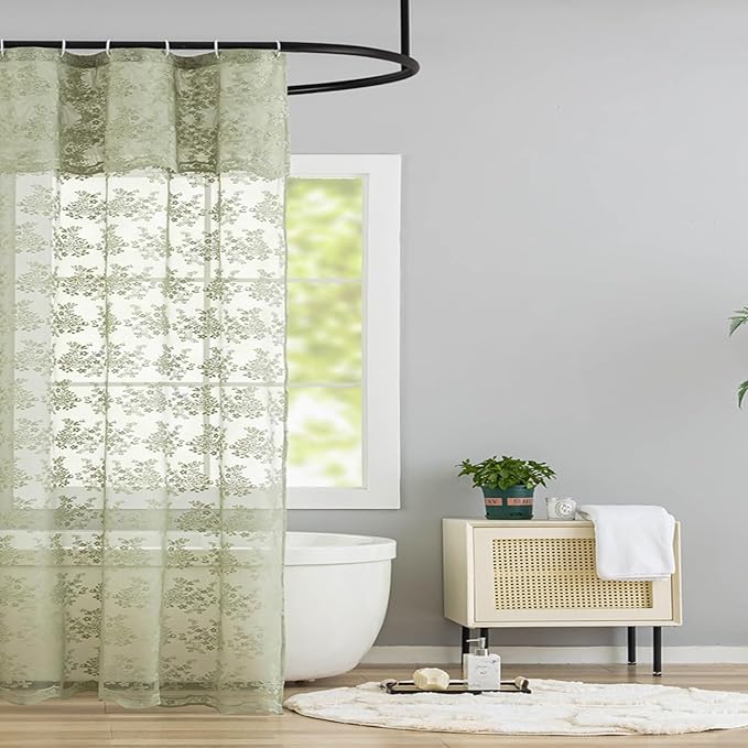YJ YANJUN Sage 36x72 Shower Curtain Bohemian Lace Scalloped Shower Curtain Elegant Floral Stand Up Bath Curtain for Small Bathroom Spring Summer Narrow RV Bath Curtain Sage Green