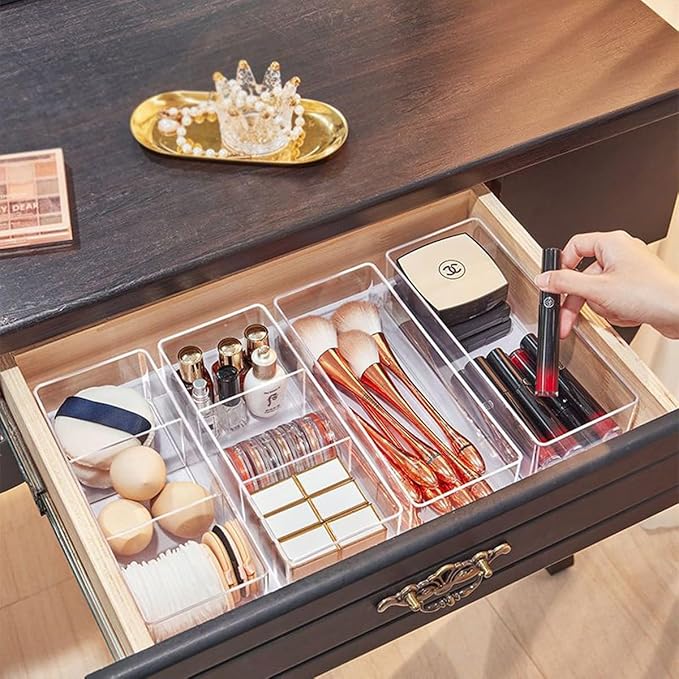 Acrylic Makeup Organizer: Drawer Organizer for Bathroom - Stackable Cosmetic Display Cases for Vanity Countertop and Makeup Storage Containers (3-Compartment)