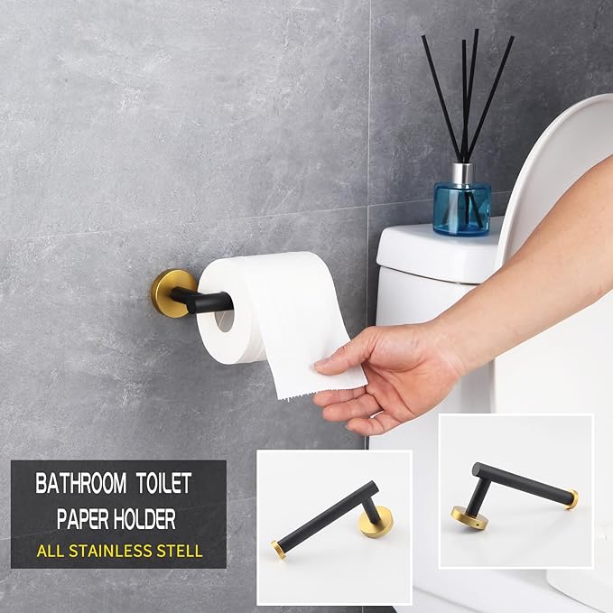 GERZWY Bathroom 3-Pieces Hardware Accessories Sets Stainless Steel - 2X Coat Hook Toilet Paper Holder (Black & Gold) AG1401B-BD