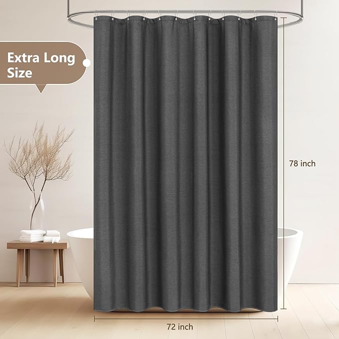 Rustic Country Linen Look Shower Curtain Charcoal Grey Extra Long 72 x 78 Inch, Heavyweight Faux Linen Fabric Shower Curtain Water-Resistant, Dark Gray Hotel Bathroom Curtain Washable