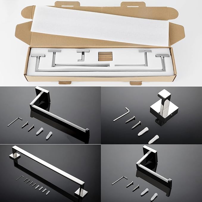 VELIMAX Premium Stainless Steel 4 Pieces Bathroom Hardware Accessories Set Wall Mounted Towel Bar Set, Polished, 24-Inch