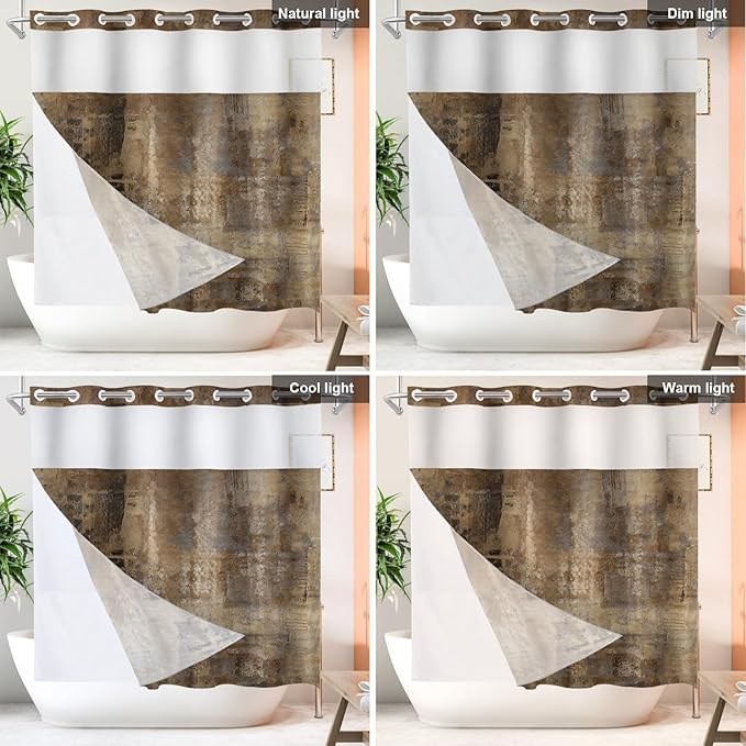 Shrahala Brown Abstract Art No Hooks Shower Curtain with Snap in Liner Set, Grey Acrylic Bathroom Décor Polyester Fiber Waterproof for Stall Bathtubs 71 X 74 in