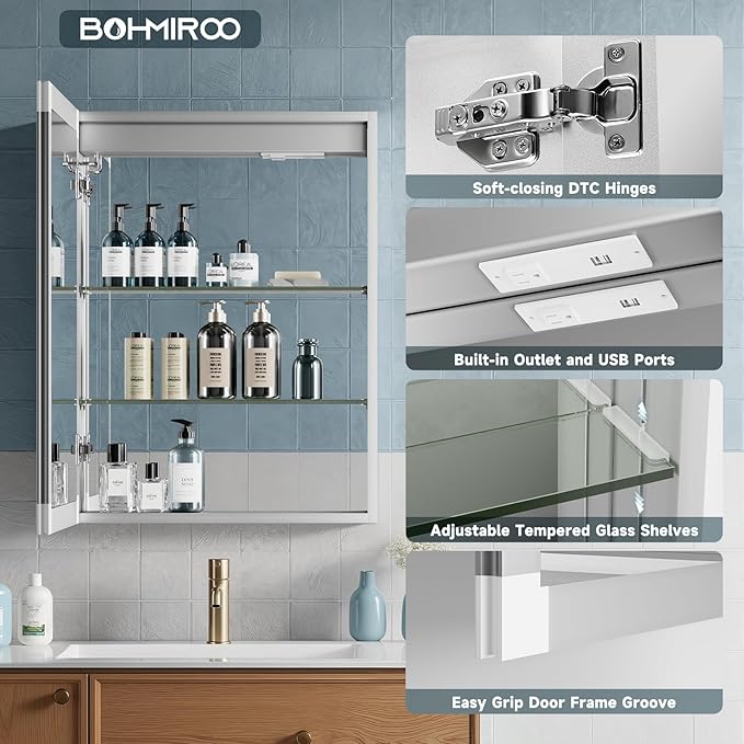 Medicine Cabinet with Lights, 36x30 Inch LED Mirror with 3 Color Lighted, Dimmable, Defogger, Clock & Temp, Surface or Recessed