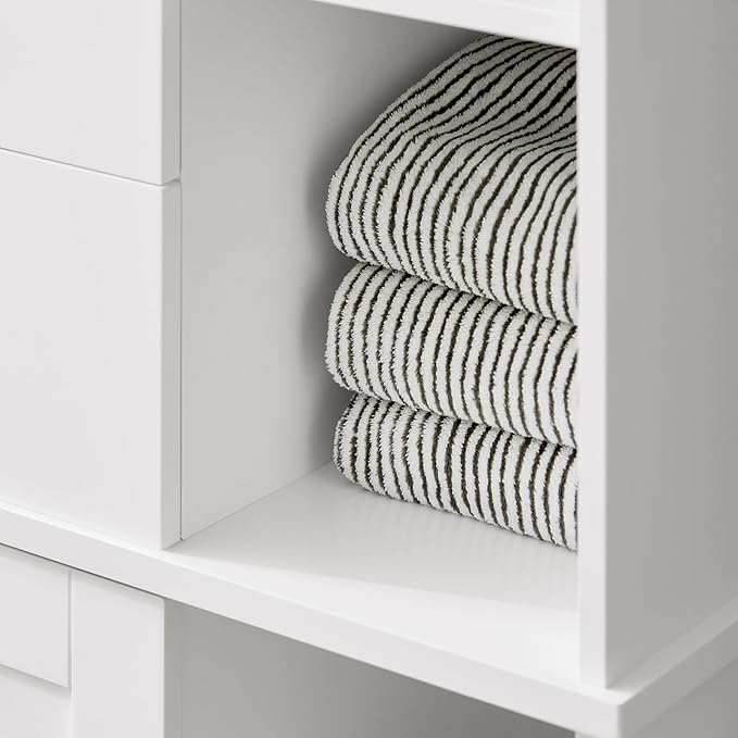SoBuy Tall Tilt-Out Laundry Hamper Cabinet with Removable Basket and Shelves, Freestanding Laundry Storage Cabinet for Laundry Room or Bathroom, Modern White Laundry Furniture BZR104-W