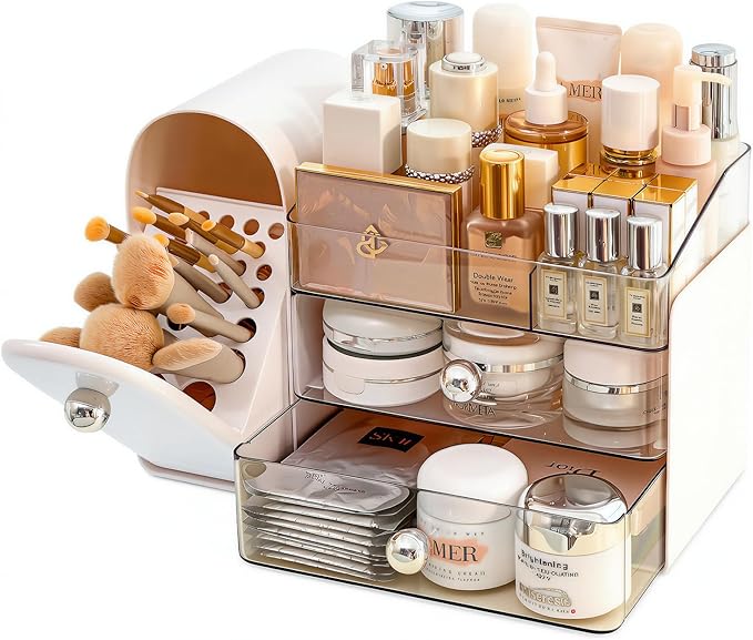 Makeup Organizer with Brush Holder, Large Cosmetic Storage with 2 Drawers, Skincare Organizer for Bathroom Countertop, Vanity Organizer for Lipstick, Perfume, Nail Polish, Beauty Gifts (White)
