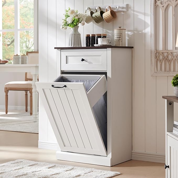IFBUY Tilt Out Laundry Hamper Cabinet, 10 Gallon Farmhouse Trash Can Cabinet with Drawer, Hidden Wood Garbage Can Bin Cabinet with Laundry Storage Basket for Bathroom, Kitchen, Antique White