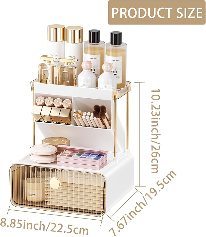Makeup Organizer with Drawer for Vanity, 2 Tier 5 Zones Cosmetic Display Case Detachable, Cosmetic Storage Perfume Shelf for Bathroom Counter, Perfect Storage Solution for Your Beauty Essential(Amber)