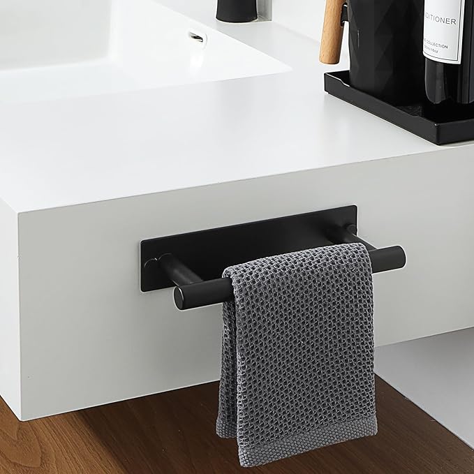 Alise Adhesive Towel Bar Black,Towel Racks for Bathroom Wall Mounted,Bathroom Towel Rack SUS304 Stainless Steel,Towel Holder for Kitchen/Bathroom Hardware Decoration,Sticky or Screw-Mounted,8 Inch