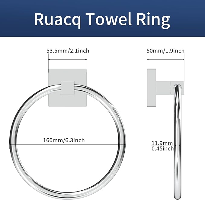 RUACQ Towel Ring for Bathroom 2pcs,Square Base Hand Towel Holder Hangers Wall Mount,Heavy Duty,Stainless Steel(Chrome)