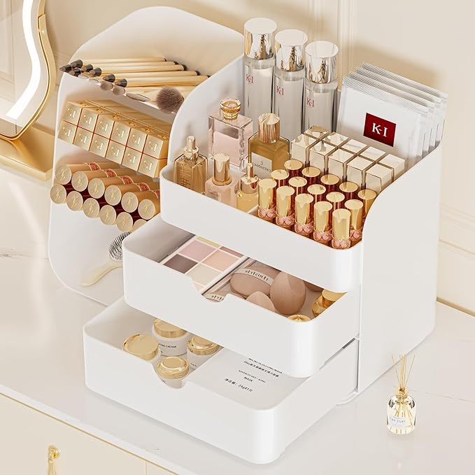 Makeup Organizer for Vanity, Countertop Cosmetic Display Case with Drawer, Bathroom Counter Beauty Caddy, Comfyroom Table Storage Holder for Skincare, Brush Eyeliner Eyeshadow Lipsticks, Creem