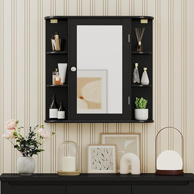 Giantex Bathroom Mirror Cabinet, Wall Mounted Medicine Cabinet with Mirrored Door & 4 Interior Shelves, 6 Open Shelves, Mounting Hardware, Space-Saving Storage Cabinet (Black)