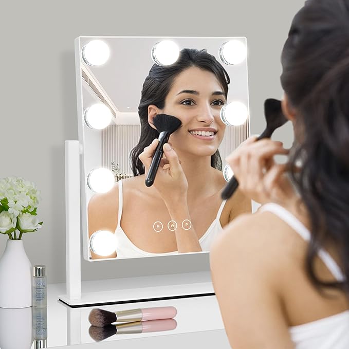 Kotdning Vanity Mirror with Lights,Lighted Vanity Mirror with 9 Dimmable Bulbs for Dressing Room & Bedroom,3 Color Lighting,Modes Detachable 10x Magnification 360°Ratation(White) 12" L x 14.4" W
