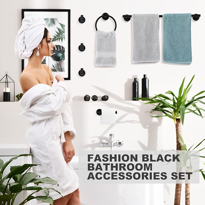 Gisafai 15 Pcs Black Bathroom Accessories Hardware Set Towel Racks for Bathroom SUS304 Stainless Steel 23.6 Inch Brushed Towel Bar Ring Toilet Paper Holder Robe Hooks for Wall Mounted