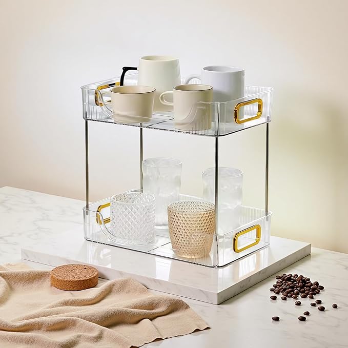 Bathroom Shelf Organizer, Clear Plastic Double Layer Countertop Organizer, Gold Handles, Removable Storage Rack for Skincare and Toiletries