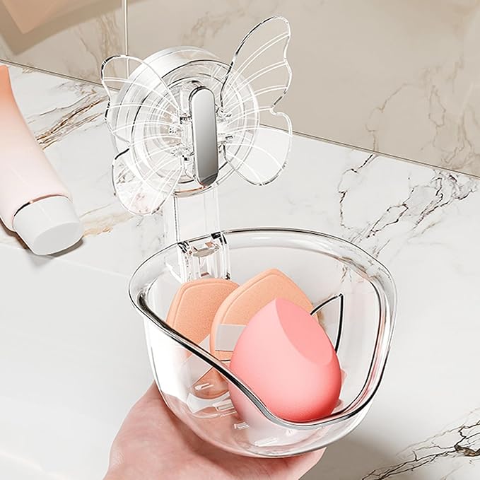 Self Adhesive Shower Shelves, Makeup Sponge Holder, Clear Shower Shelves Bottom Equipped with Drainage Holes and Powerful Butterfly Pressure Suction Cups, Adhesive Bathroom Shelves (transparent)