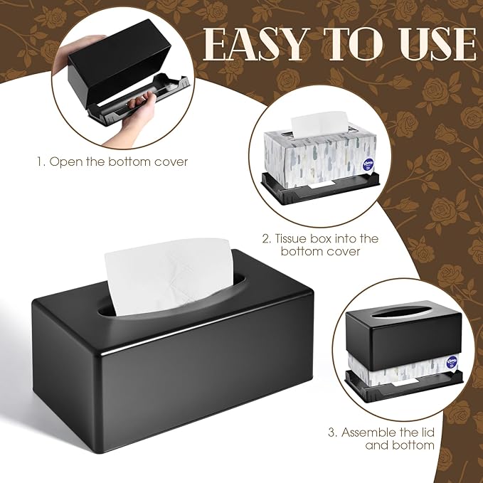 Y-in Hand Tissue Box Cover, Rectangular Facial Tissue Holder with Bottom, Decorative Storage Organizer Box for Bathroom Vanity, Countertops, Dressers, Night Stand, Parlors and Offices - Black