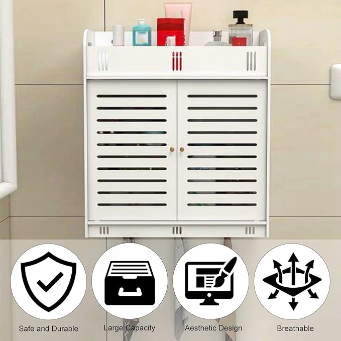 Bathroom Cabinet Self-Adhesive Vent Doors Multi-Grid Tiers Hollow Flower Pattern Bathroom Shelf Wall Mounted Bathroom Storage Rack for Livingroom,Bathroom,Laundry,Bedroom White White