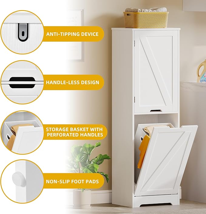 YITAHOME 53" Tall Bathroom Storage Cabinet, Tilt Out Laundry Hamper Cabinet Freestanding Storage Cabinet with Basket Hidden Laundry Hamper, White