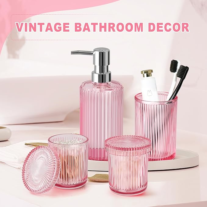 Pink Bathroom Accessories Set, 4 Pcs Glass Bathroom Accessory Set, Pink Soap Dispenser and Toothbrush Holder Set, Qtip Holder Set, Vintage Bathroom Sink Set, Cute Bathroom Decor