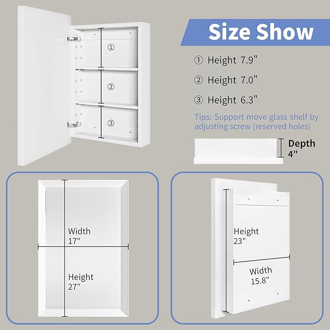 AGDULL Retro-Style Medicine Cabinet with 17’’x27’’ Solid Wood Mirror Frame, Bathroom Recessed Wall Cabinet, Living Room Wood Storage Cabinet, White
