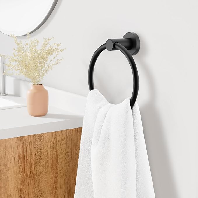 FORIOUS Towel Ring, SUS304 Stainless Steel Modern Hand Towel Holder Rack Hanger Round for Bathroom Wall Mounted, Ideal for Bath, Kitchen, RV (2 Pack, Matte Black)