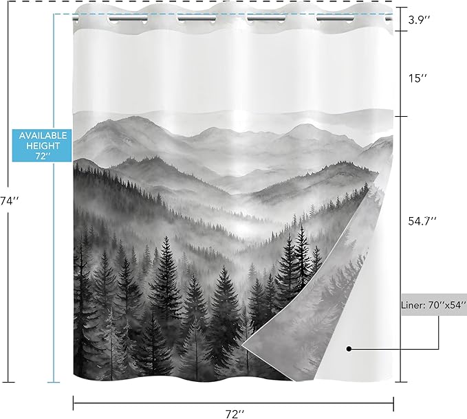 Accnicc No Hook Shower Curtain with Snap in Liner Forest Mountain Shower Curtains for Bathroom Black White Nature Misty Pine Tree Foggy Rustic Woodland Waterproof Fabric Bath Curtain Decor 71×74In