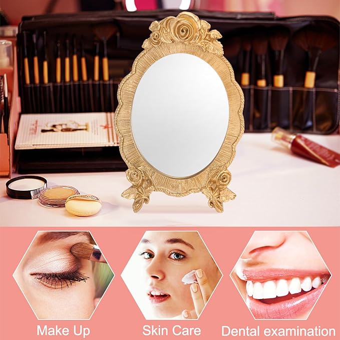 HEALLILY Oval Resin Makeup Mirror Portable European Style Handheld Cosmetic Mirror with Rose Relief Frame Lightweight for Vanity and Travel