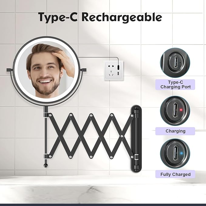 5000mAh Rechargeable Wall Mounted Makeup Mirror - 8 Inch Double Sided 1X/30X Magnifying Mirror with 3 Color Lights Dimmable Touch Screen, 360°Swivel 19.6 Inch Extendable Accordion Bathroom Mirror