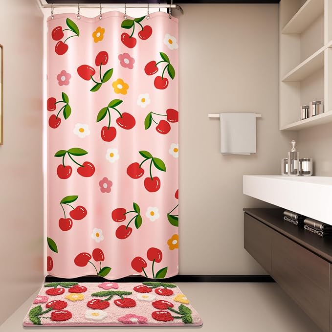 Anybar Fabric Shower Curtain Cute Floral Cherry Curtains Waterproof Soft Polyester Bathroom Curtain- Decor Washable Privacy Cloth Small Stall Shower Curtain for Bathroom Hotel (36x72inch) Pink