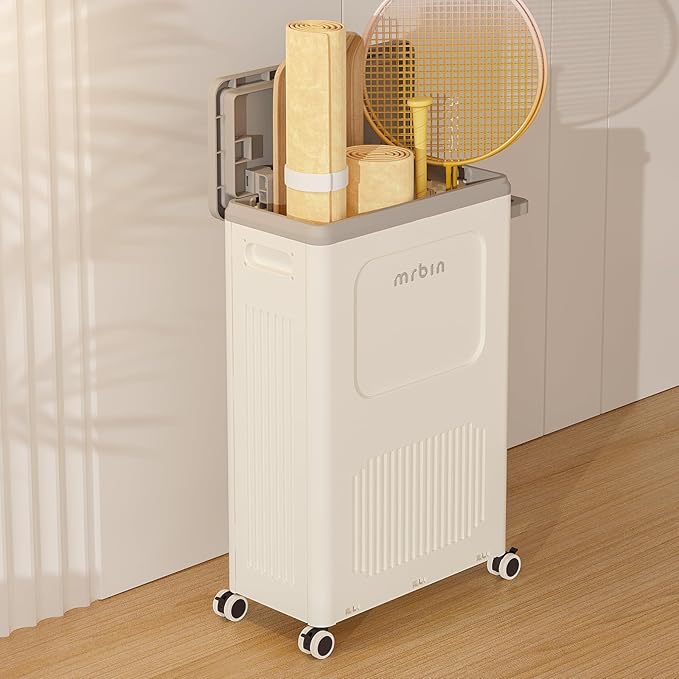 Mrbin Slim Wheeled Laundry Hamper Plastic with Lid, 50L / 13gal Closet Rectangle Basket Containers, Narrow Storage Bins Rolling Utility Organizer Boxes Cart for Bathroom, Clothing, Pantry, White