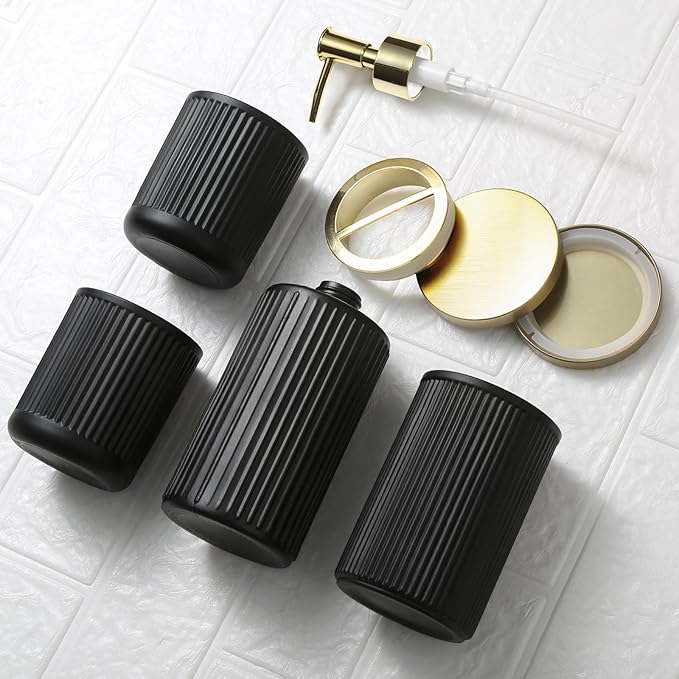 RYTOXILO Matte Black and Gold Bathroom Accessories Set, 4 Pack Glass Bath Accessory Sets Complete, Ribbed Soap Dispenser and Toothbrush Holder Set with 2 Qtip Holders, Modern Gold Bathroom Decor